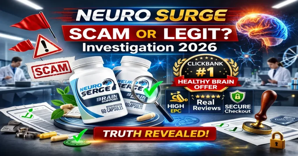 Neuro Surge scam or legit investigation concept with supplement bottle and brain illustration