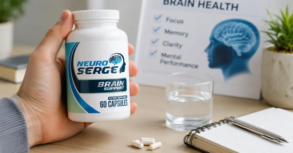 Neuro Serge Brain Support supplement bottle displayed on a desk with water, capsules, and a brain health background.