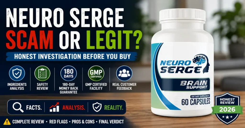 Neuro Serge Brain Support supplement bottle with honest scam or legit investigation review