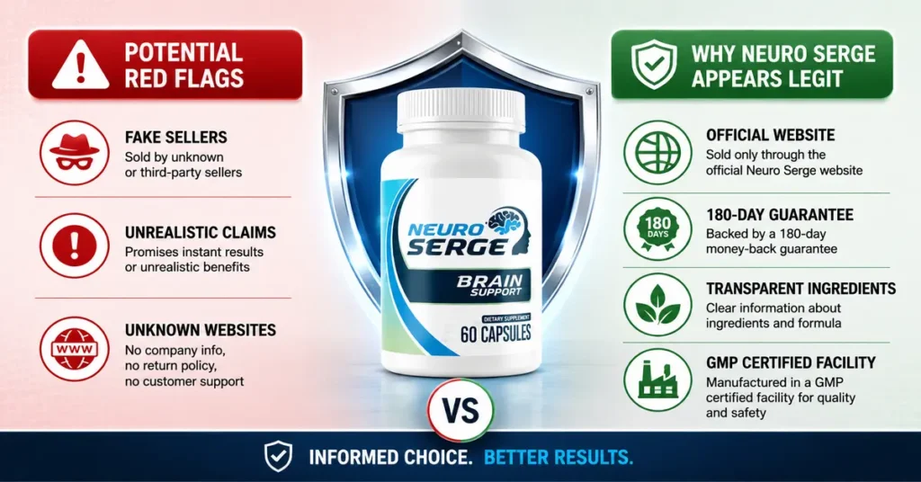 Neuro Serge scam vs legit comparison showing trust factors, official website, transparent ingredients, GMP facility, and buyer warning signs