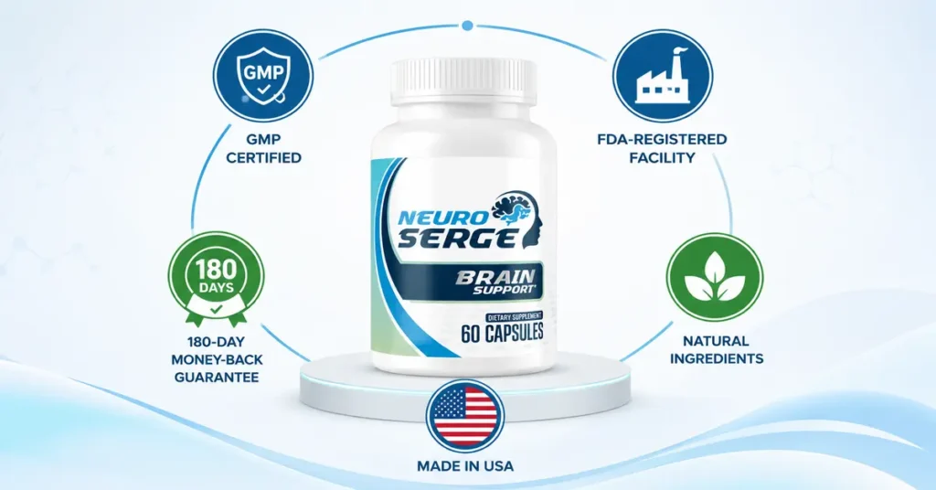 Neuro Serge trust indicators including GMP certification, FDA-registered facility, 180-day money-back guarantee, natural ingredients, and Made in USA