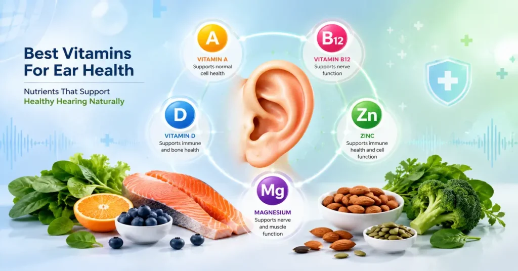 Illustration of a healthy human ear surrounded by Vitamin A, Vitamin B12, Vitamin D, zinc, magnesium, and nutrient-rich foods that support ear health