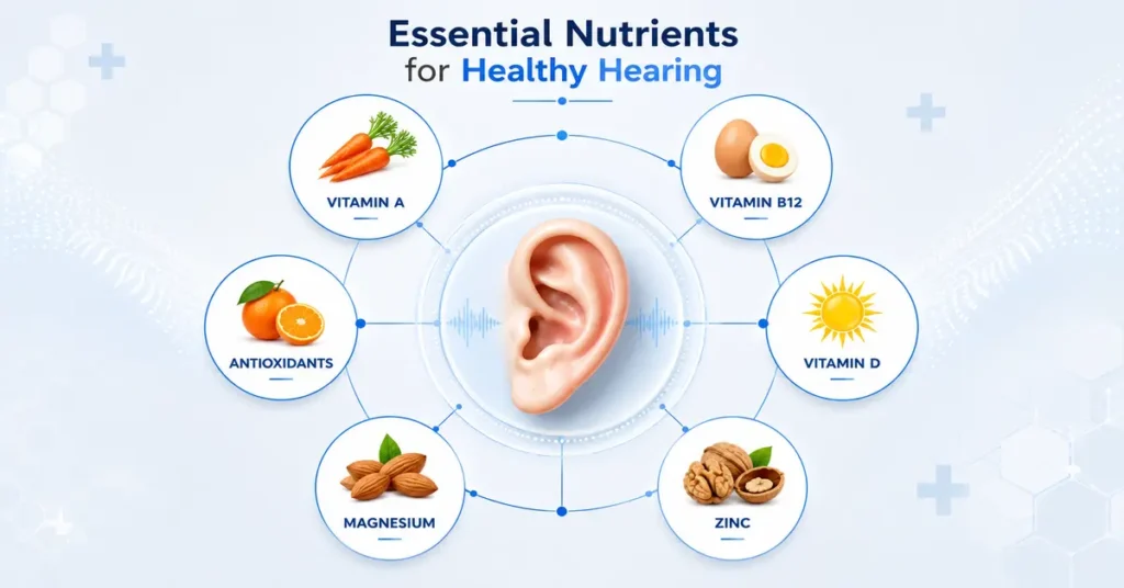 Infographic showing a healthy ear with Vitamin A, Vitamin B12, Vitamin D, zinc, magnesium, and antioxidants for ear health support
