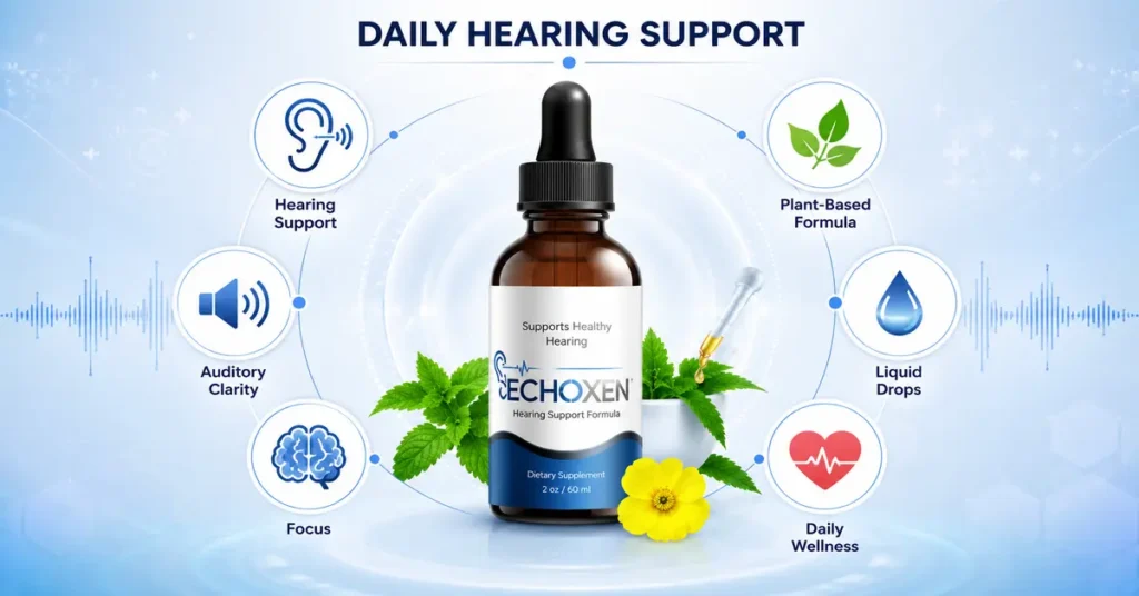 EchoXen hearing support supplement highlighting daily use, potential benefits, dosage, and hearing wellness
