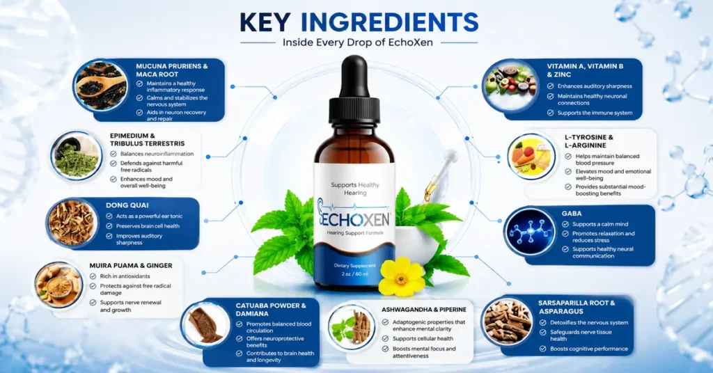 EchoXen ingredient overview showing botanical extracts, amino acids, vitamins, and minerals used in the formula