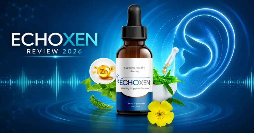 EchoXen hearing support supplement bottle featured in a comprehensive 2026 product review