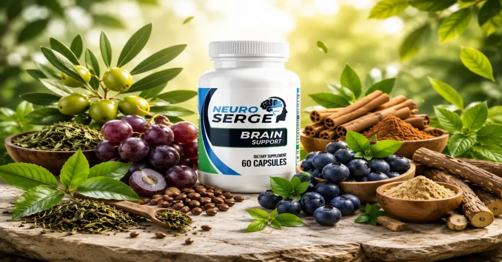 Neuro Serge bottle surrounded by natural botanical ingredients including olive leaf, green tea, grape seed, bilberry, cinnamon, and licorice root