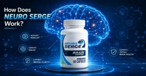 Neuro Serge Brain Support supplement with digital brain illustration explaining how the plant-based formula is designed to support cognitive wellness