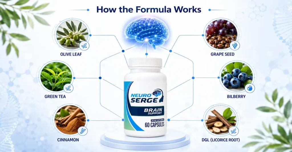 Neuro Serge bottle connected to olive leaf, green tea, grape seed, bilberry, cinnamon, and DGL ingredients illustrating how the formula supports brain wellness