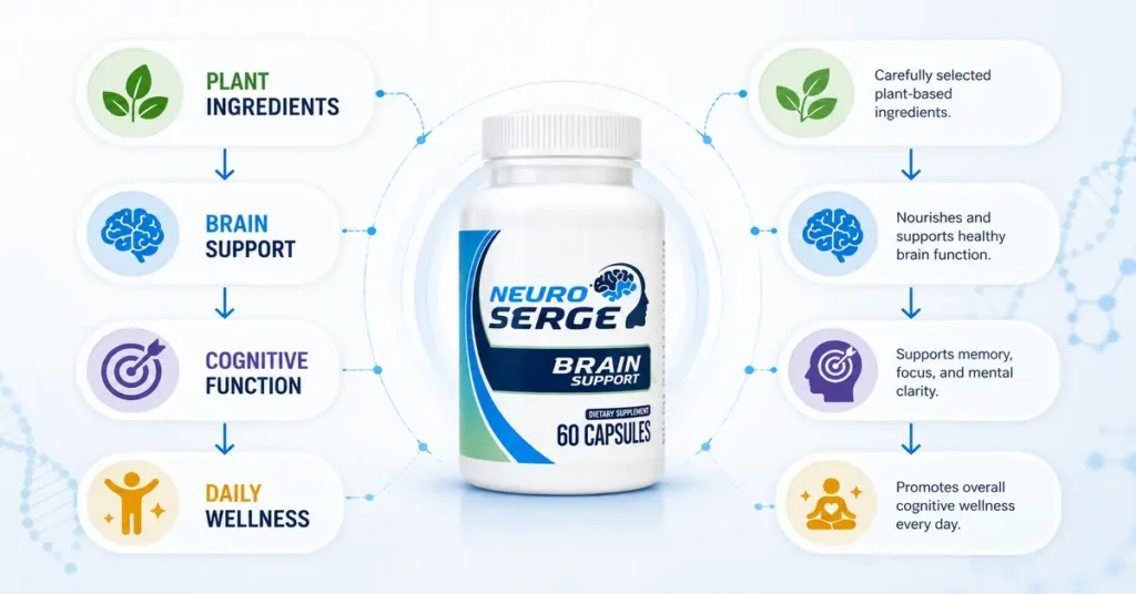 Neuro Serge infographic showing the formula process from plant ingredients to brain support, cognitive function, and daily wellness