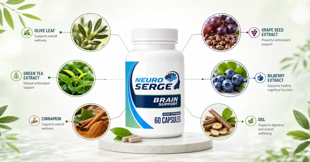 Neuro Serge bottle with natural botanical ingredients supporting brain health benefits