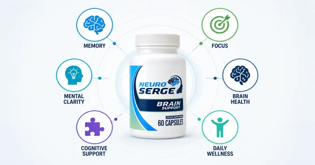 Neuro Serge benefits infographic showing memory, focus, mental clarity, brain health, cognitive support, and daily wellness