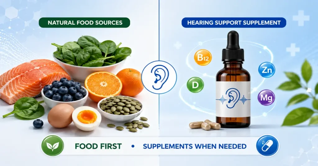Comparison infographic showing natural food sources and hearing support supplements with vitamins and minerals for maintaining healthy hearing
